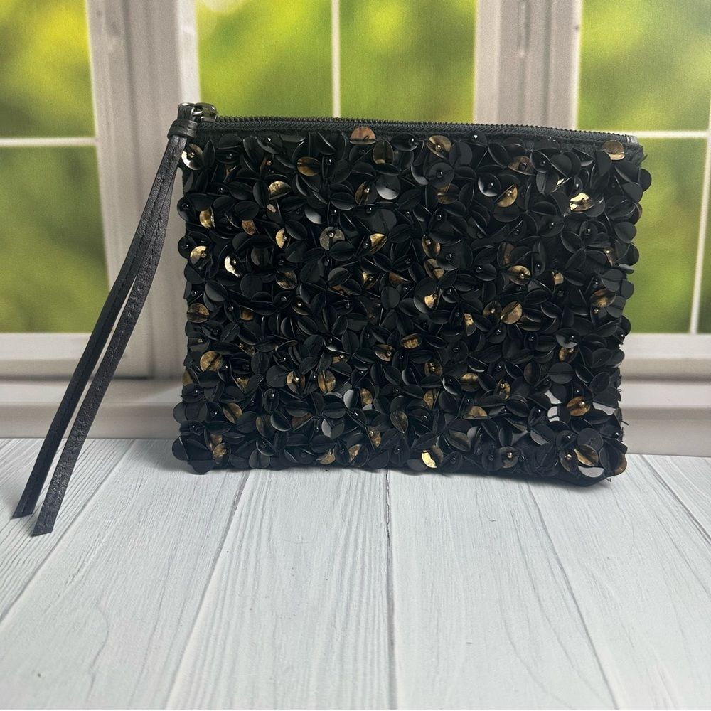 AllSaints Black Bolshevik Pochette Leather Sequin Floral Wristlet Clutch Bag